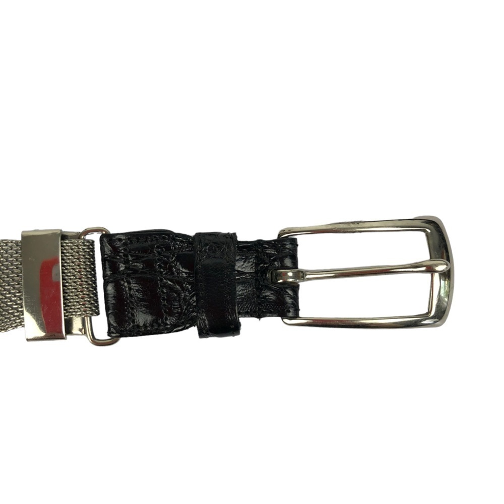 Vintage 80s Silver Scalloped Edge Woven Metal Belt Black Leather & Silver Buckle - Picture 5 of 8